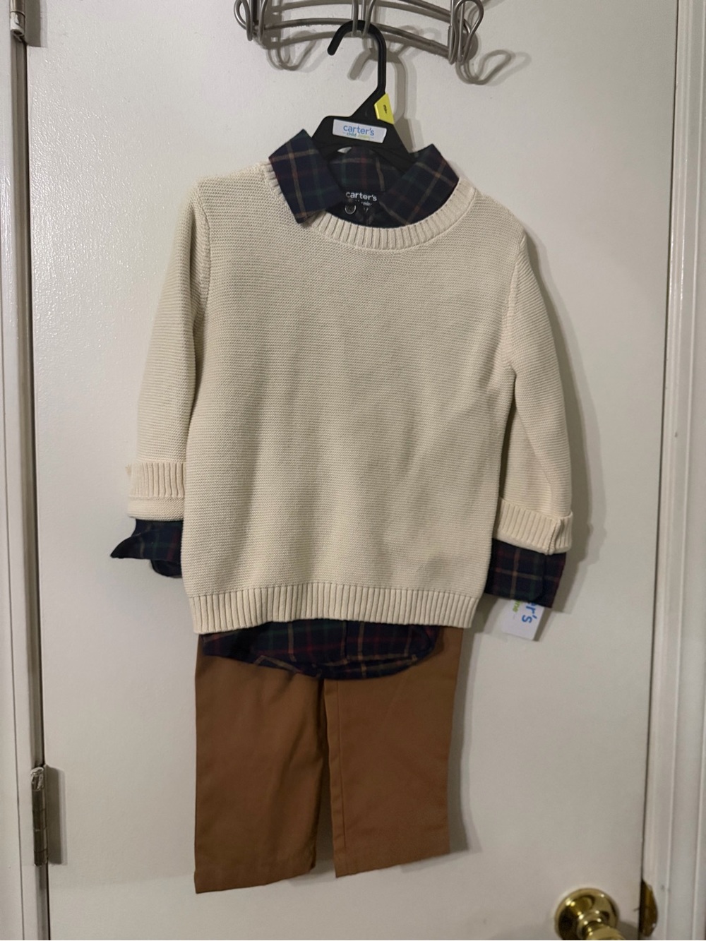 3 piece Carter's Cream Sweater with Navy Green Plaid Shirt & Brown Pants